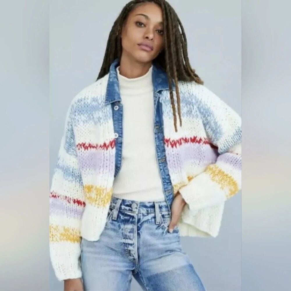 Anthropologie Grazia Chunky Knit Striped Cardigan Womens M/L Sweater Wool Blend